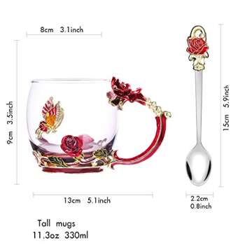 Kpcuisite Glass Tea Cup Coffee Mugs & Gifts for Women with Spoon Beautiful Rose Flower Butterfly (Red)