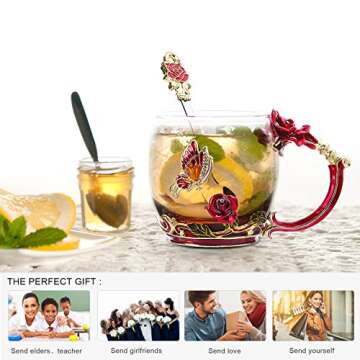 Kpcuisite Glass Tea Cup Coffee Mugs & Gifts for Women with Spoon Beautiful Rose Flower Butterfly (Red)