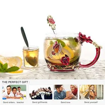 Kpcuisite Glass Tea Cup Coffee Mugs & Gifts for Women with Spoon Beautiful Rose Flower Butterfly (Red)