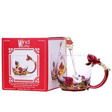 Kpcuisite Glass Tea Cup Coffee Mugs & Gifts for Women with Spoon Beautiful Rose Flower Butterfly (Red)
