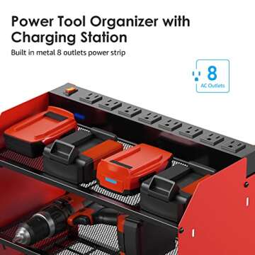 CCCEI Modular Power Tool Organizer Wall Mount Charging Station, Red 6 Drills Holder with 8 Plug Power Strip, Garage Drill Battery Heavy Duty Metal Shelf, Utility Rack with Hooks, Side Storage.