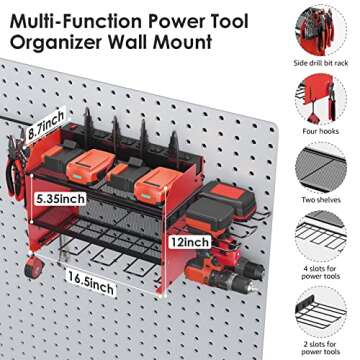 CCCEI Modular Power Tool Organizer Wall Mount Charging Station, Red 6 Drills Holder with 8 Plug Power Strip, Garage Drill Battery Heavy Duty Metal Shelf, Utility Rack with Hooks, Side Storage.