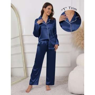 Ekouaer Pajamas For Women Set Silk Pjs 2 Piece Satin Sleepwear Long Sleeve Button Down Lounge Sets With Pant Navy M