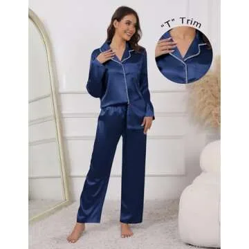 Ekouaer Pajamas For Women Set Silk Pjs 2 Piece Satin Sleepwear Long Sleeve Button Down Lounge Sets With Pant Navy M