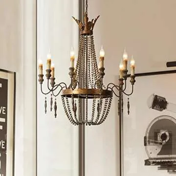 LITFAD 10 Lights French Country Chandelier Industrial Antique Style Pendant Lighting with Candle and...