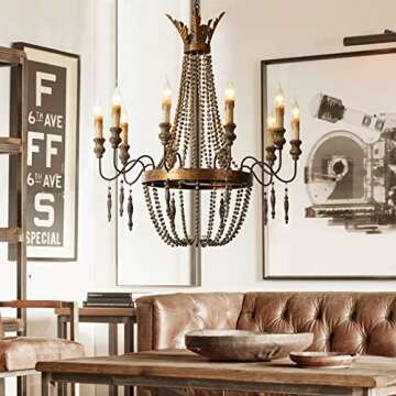 LITFAD 10 Lights French Country Chandelier Industrial Antique Style Pendant Lighting with Candle and Wooden Bead Multi Light Retro Ceiling Hanging Light for Restaurant Dining Room Living Room