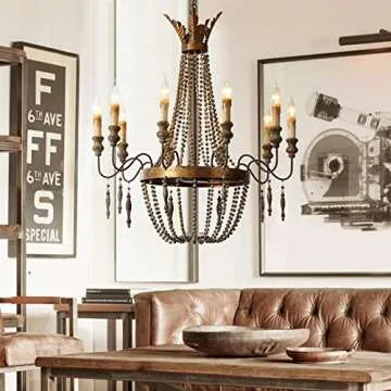 LITFAD 10 Lights French Country Chandelier Industrial Antique Style Pendant Lighting with Candle and Wooden Bead Multi Light Retro Ceiling Hanging Light for Restaurant Dining Room Living Room
