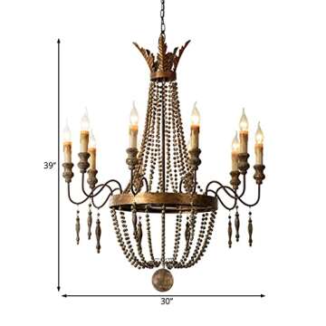 LITFAD 10 Lights French Country Chandelier Industrial Antique Style Pendant Lighting with Candle and Wooden Bead Multi Light Retro Ceiling Hanging Light for Restaurant Dining Room Living Room