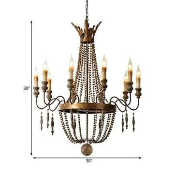 LITFAD 10 Lights French Country Chandelier Industrial Antique Style Pendant Lighting with Candle and Wooden Bead Multi Light Retro Ceiling Hanging Light for Restaurant Dining Room Living Room