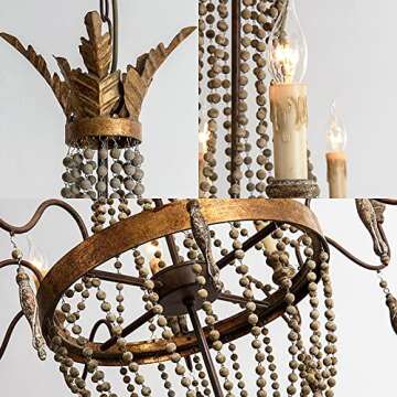 LITFAD 10 Lights French Country Chandelier Industrial Antique Style Pendant Lighting with Candle and Wooden Bead Multi Light Retro Ceiling Hanging Light for Restaurant Dining Room Living Room