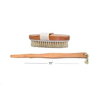 Dry Skin Body Brush 16"- Natural Bristle - For Dry Brushing - Detachable Handle -Removes Dead Skin & Toxins, Helps Cellulite, Lymphatic Functions, Blood Circulation & Exfoliation-Pouch & Hook Included