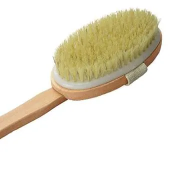 Dry Skin Body Brush 16"- Natural Bristle - For Dry Brushing - Detachable Handle -Removes Dead Skin & Toxins, Helps Cellulite, Lymphatic Functions, Blood Circulation & Exfoliation-Pouch & Hook Included