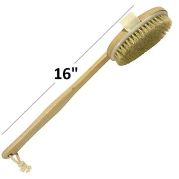 Dry Skin Body Brush 16"- Natural Bristle - For Dry Brushing - Detachable Handle -Removes Dead Skin & Toxins, Helps Cellulite, Lymphatic Functions, Blood Circulation & Exfoliation-Pouch & Hook Included