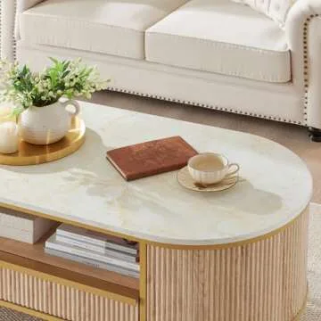 OKD Modern Luxury Fluted Coffee Table, 48" Oval Coffee Table with Drawer, Faux Marble Top, Curved Profile Design, Gold Metal Decor, Center Table for Living Room, Natural Oak