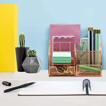 Sorbus Rose Gold Desk Organizer for Women, Cute Office Supplies Accessories All-in-One Desktop Caddy Includes Pen/Pencil Holder, Mail Organizer, and Sliding Drawer for Home or Office(Copper/Rose Gold)