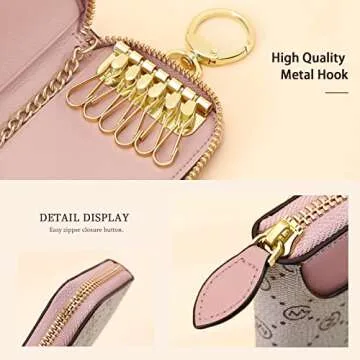 GOLF SUPAGS Women PVC Leather Car Key Chain Card Holder Wallet Pouch Card Slot 6 Hook 1 Fixed Key Ring 1 Detachable Key Ring (Shaded Ice×Smoky Pink)