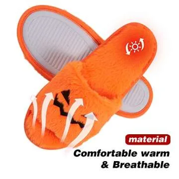 Sanfiago Fuzzy Slippers Women Furry Ghost Face Orange Fur Shoes Memory Foam Open Toe Non-slip Rubber Sole Home Indoor Halloween Gifts for Girls Lady