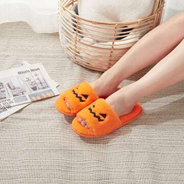 Sanfiago Fuzzy Slippers Women Furry Ghost Face Orange Fur Shoes Memory Foam Open Toe Non-slip Rubber Sole Home Indoor Halloween Gifts for Girls Lady