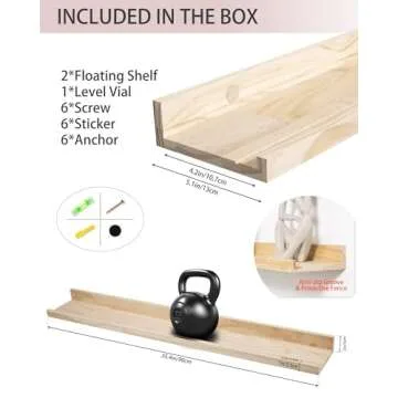 36 Inch Natural Wood Floating Shelves, Wide Picture Ledge Shelf Wall Mounted for Picture Frames 5.1 Inch Wide Decorative Ledge Set of 2 with Front Lip for Bedroom Living Room Bathroom Kitchen Nursery