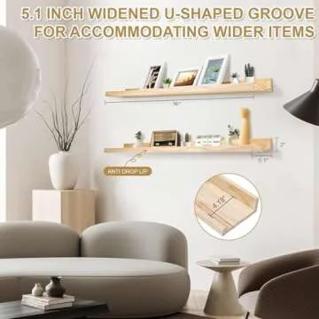 36 Inch Natural Wood Floating Shelves, Wide Picture Ledge Shelf Wall Mounted for Picture Frames 5.1 Inch Wide Decorative Ledge Set of 2 with Front Lip for Bedroom Living Room Bathroom Kitchen Nursery