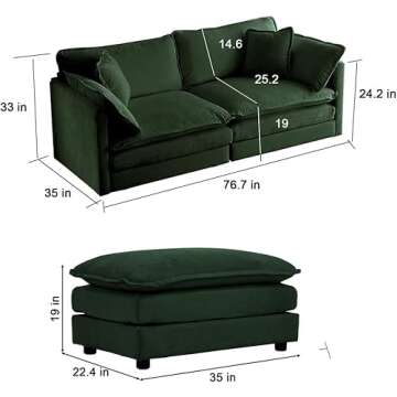 JURMALYN 76.7" Loveseat Sofa with Ottoman Modular Sectional Love Seat Couch Small L Shaped Upholster...