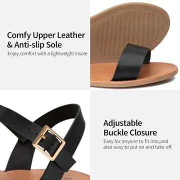 Trary Black Sandals for Women Dressy Casual Summer Open Toe Flat Sandal Adjustable Ankle Strap Metal Buckle Lightweight Sandals