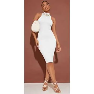 GOBLES Women's Sexy Halter High Neck Elegant Sleeveless Bodycon Midi Club Dress White