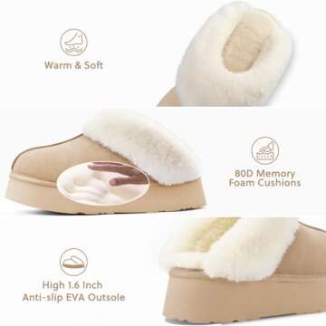 LazyStep Women's Moody Fuzzy Platform House Slippers, Mini Boots with Comfort Memory Foam, Slip-on Warm Fluffy Outdoor Indoor House Shoes(FW2024, Parchment, Size 7-8)
