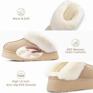 LazyStep Women's Moody Fuzzy Platform House Slippers, Mini Boots with Comfort Memory Foam, Slip-on Warm Fluffy Outdoor Indoor House Shoes(FW2024, Parchment, Size 7-8)
