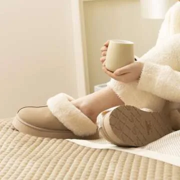 LazyStep Women's Moody Fuzzy Platform House Slippers, Mini Boots with Comfort Memory Foam, Slip-on Warm Fluffy Outdoor Indoor House Shoes(FW2024, Parchment, Size 7-8)