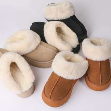 LazyStep Women's Moody Fuzzy Platform House Slippers, Mini Boots with Comfort Memory Foam, Slip-on Warm Fluffy Outdoor Indoor House Shoes(FW2024, Parchment, Size 7-8)