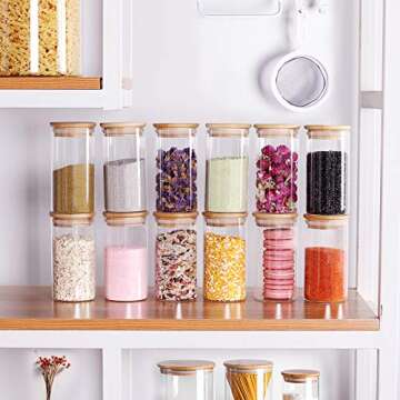 Tzerotone 12 Pcs Glass Spice Jars - 8.5oz Empty Small Glass Bottles with Bamboo Airtight Lids and La...