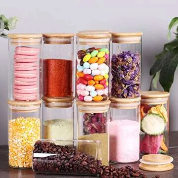 Tzerotone 12 Pcs Glass Spice Jars - 8.5oz Empty Small Glass Bottles with Bamboo Airtight Lids and Labels - Thicken Seasoning Spice Containers for Kitchen Organization and Storage…