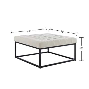 24KF Middle Century Upholstered Tufted Coffee Table with Linen Padded Seat, Large Square Ottoman wit...