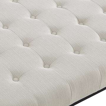 24KF Middle Century Upholstered Tufted Coffee Table with Linen Padded Seat, Large Square Ottoman with Black Metal Frame – Ivory