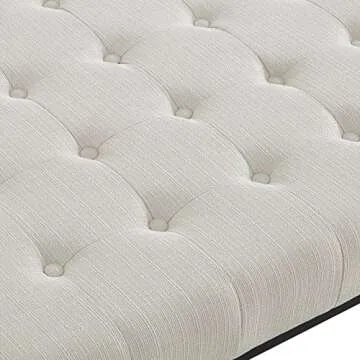 24KF Middle Century Upholstered Tufted Coffee Table with Linen Padded Seat, Large Square Ottoman with Black Metal Frame – Ivory