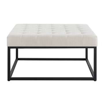 24KF Middle Century Upholstered Tufted Coffee Table with Linen Padded Seat, Large Square Ottoman with Black Metal Frame – Ivory
