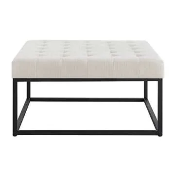 24KF Middle Century Upholstered Tufted Coffee Table with Linen Padded Seat, Large Square Ottoman with Black Metal Frame – Ivory