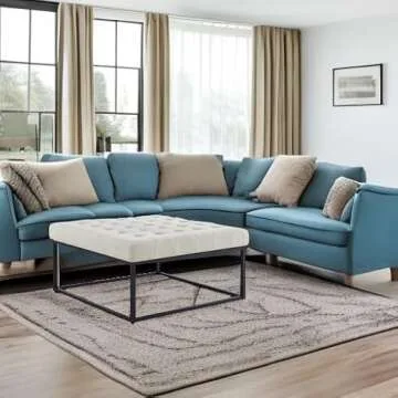 24KF Middle Century Upholstered Tufted Coffee Table with Linen Padded Seat, Large Square Ottoman with Black Metal Frame – Ivory