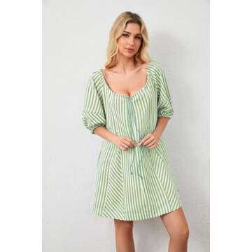 MSBESYOR Women Summer Mini Dress Casual Striped Puff Sleeve Scoop Neck Keyhole Back 2024 Beach Swing Dress with Pockets Green, Medium