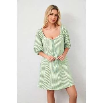 MSBESYOR Women Summer Mini Dress Casual Striped Puff Sleeve Scoop Neck Keyhole Back 2024 Beach Swing Dress with Pockets Green, Medium