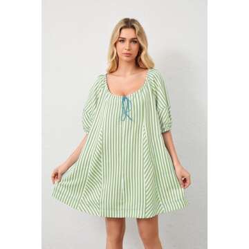 MSBESYOR Women Summer Mini Dress Casual Striped Puff Sleeve Scoop Neck Keyhole Back 2024 Beach Swing Dress with Pockets Green, Medium