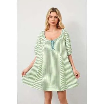 MSBESYOR Women Summer Mini Dress Casual Striped Puff Sleeve Scoop Neck Keyhole Back 2024 Beach Swing Dress with Pockets Green, Medium