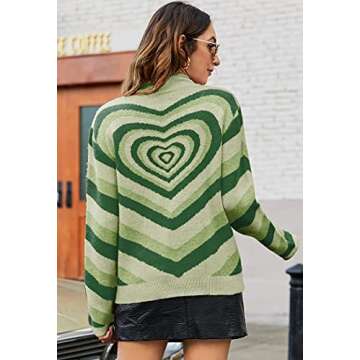 Angashion Women's Pullover Sweaters Casual Heart Printed Mock Neck Long Sleeve Color Block Knit Y2K Sweater Tops Green X-Large