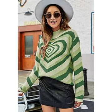 Angashion Women's Pullover Sweaters Casual Heart Printed Mock Neck Long Sleeve Color Block Knit Y2K Sweater Tops Green X-Large