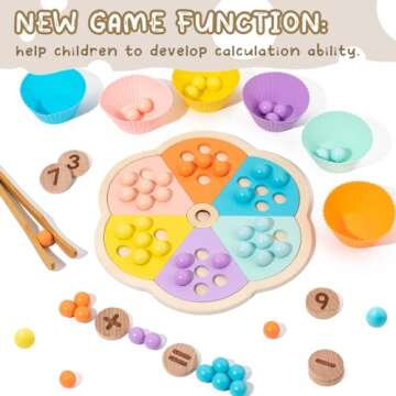 JOCY Wooden Peg Board Beads Game, Montessori Learning Educational Sensory Toys Kids Math Numbers Color Sorting Stacking Toy, with Wooden Bead Storage Bag, Fine Motor Toys for Toddlers 3-4