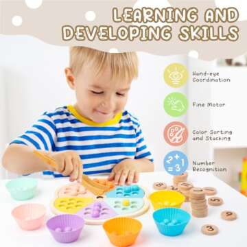 JOCY Wooden Peg Board Beads Game, Montessori Learning Educational Sensory Toys Kids Math Numbers Color Sorting Stacking Toy, with Wooden Bead Storage Bag, Fine Motor Toys for Toddlers 3-4