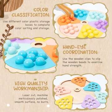 JOCY Wooden Peg Board Beads Game, Montessori Learning Educational Sensory Toys Kids Math Numbers Color Sorting Stacking Toy, with Wooden Bead Storage Bag, Fine Motor Toys for Toddlers 3-4