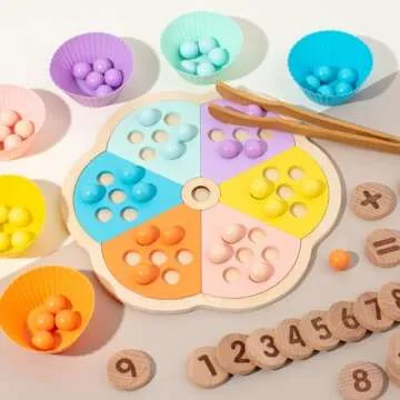 JOCY Wooden Peg Board Beads Game, Montessori Learning Educational Sensory Toys Kids Math Numbers Color Sorting Stacking Toy, with Wooden Bead Storage Bag, Fine Motor Toys for Toddlers 3-4