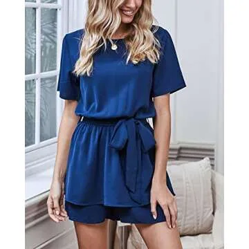 Utyful Women's Casual Short Sleeve Belted Keyhole Back One Piece Royal Blue Jumpsuit Romper Size Small (Fits US 4 - US 6)